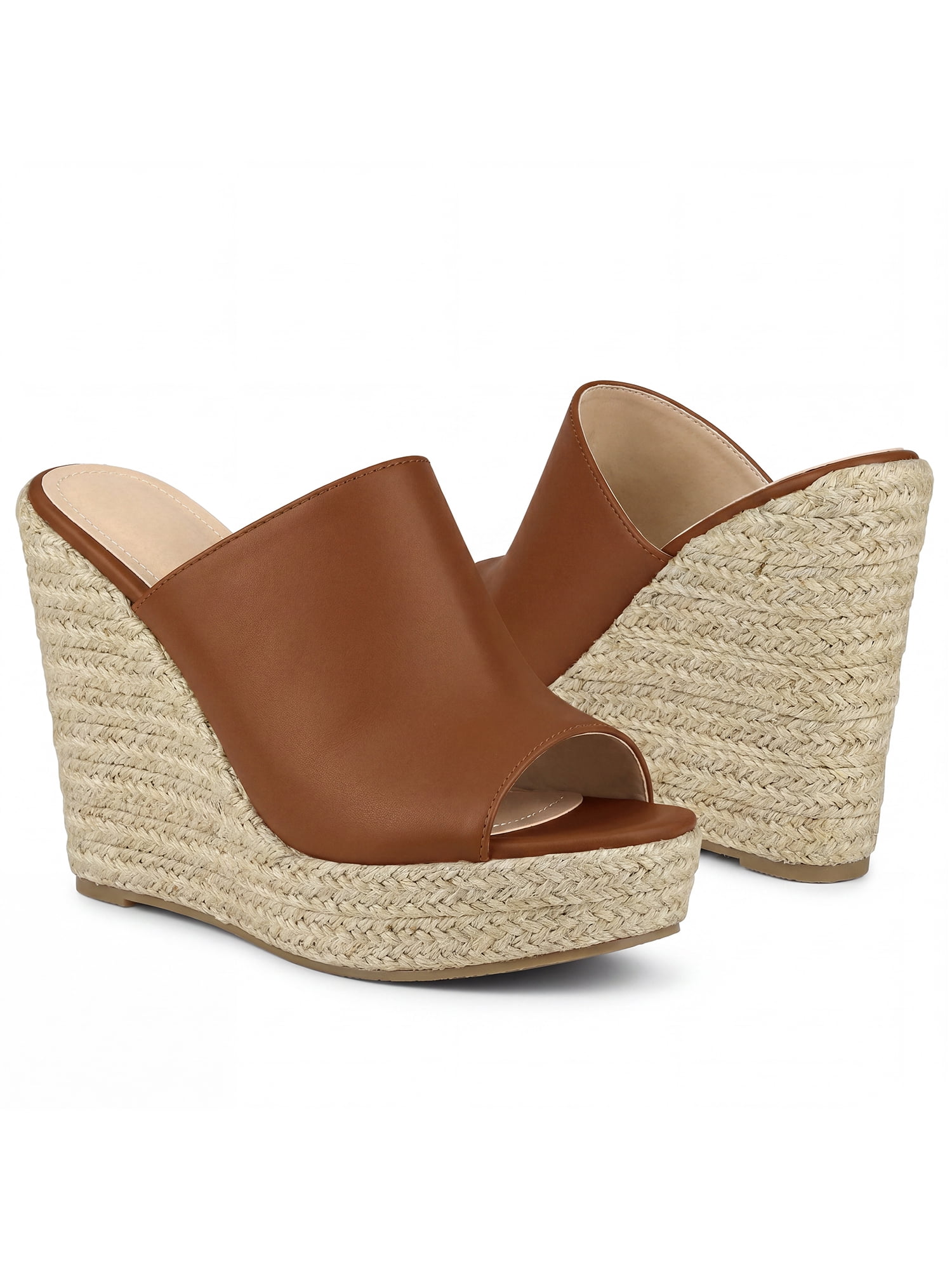 DARING DIVA Women's Slip on Platform Sandals Espadrilles Wedges Slides Mules Brown 6