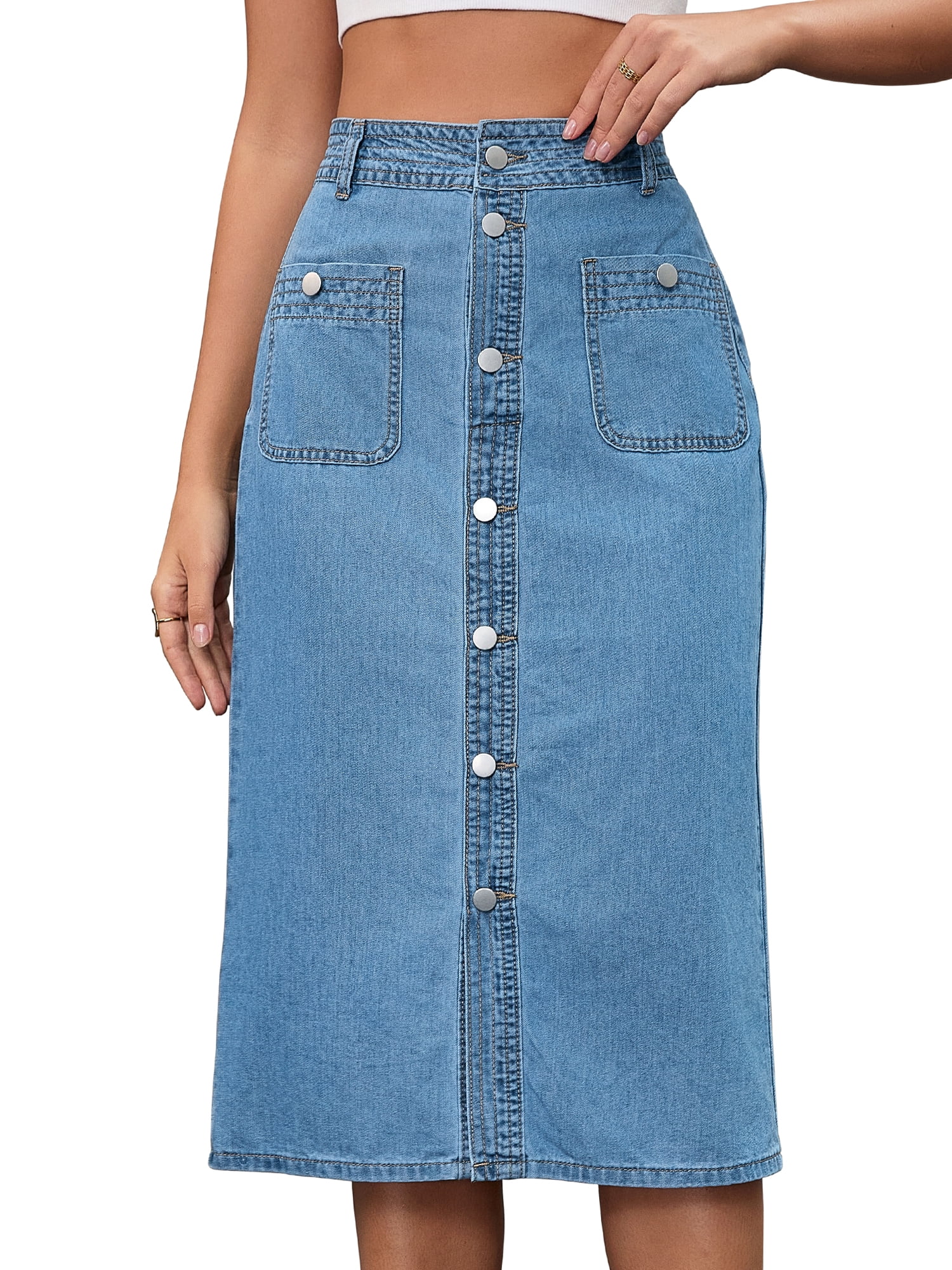 DARING DIVA Women's Slit Back Midi Denim Pencil Skirt with Pockets 2XL Light Blue