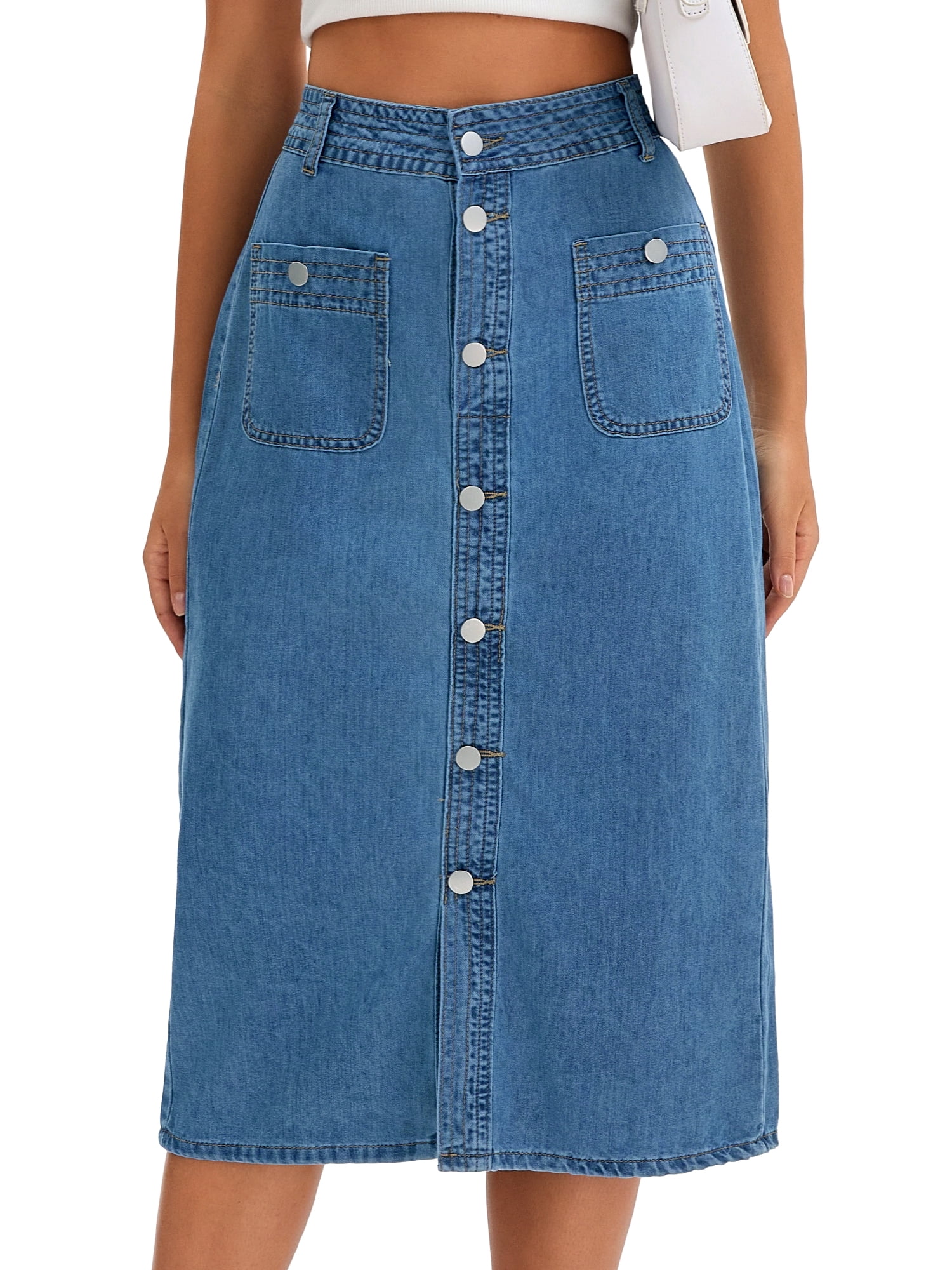 DARING DIVA Women's Slit Back Midi Denim Pencil Skirt with Pockets M Blue