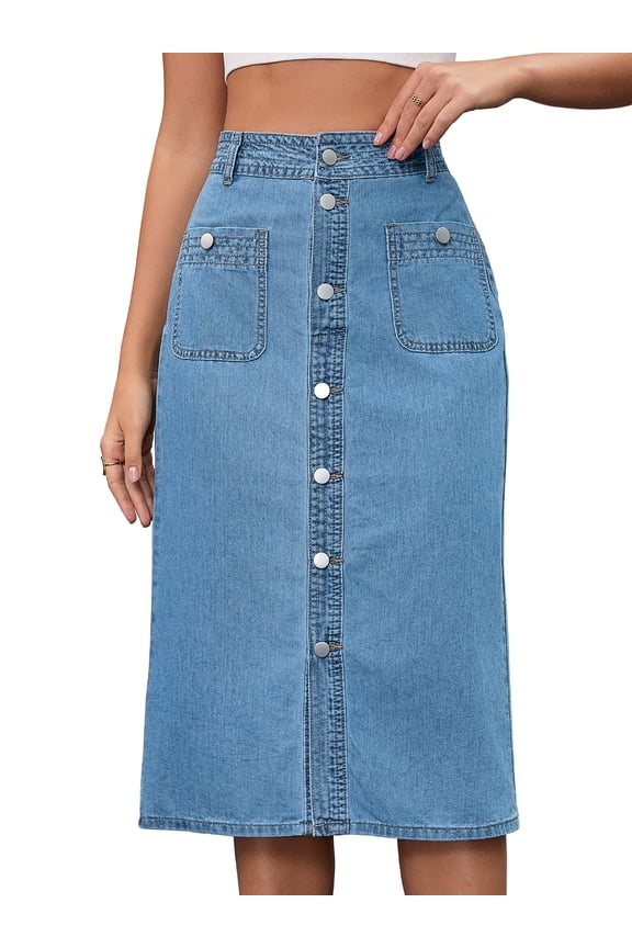 Women's Slit Back Midi Denim Pencil Skirt with Pockets S Light Blue