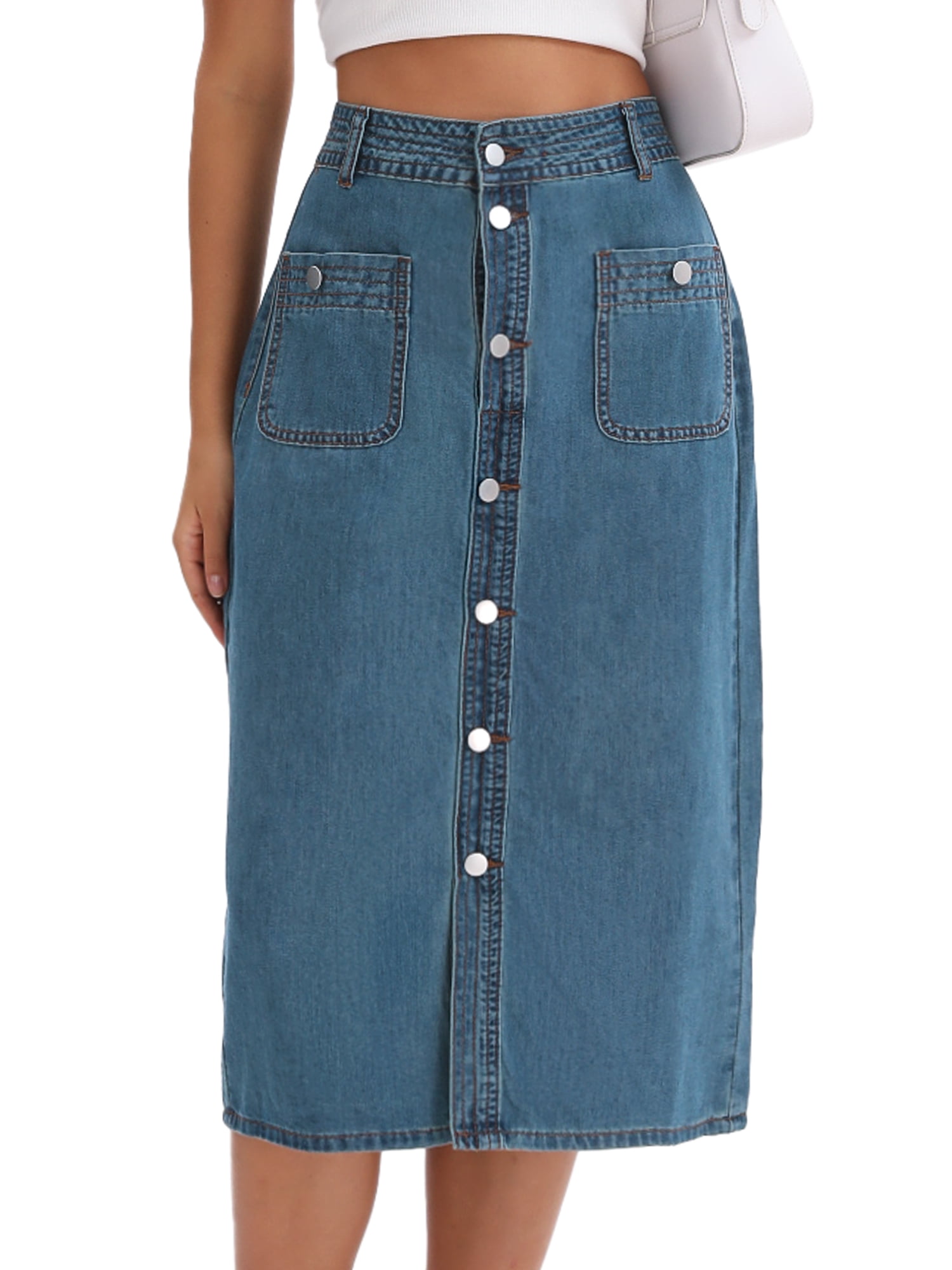 DARING DIVA Women's Slit Back Midi Denim Pencil Skirt with Pockets XL Retro Blue