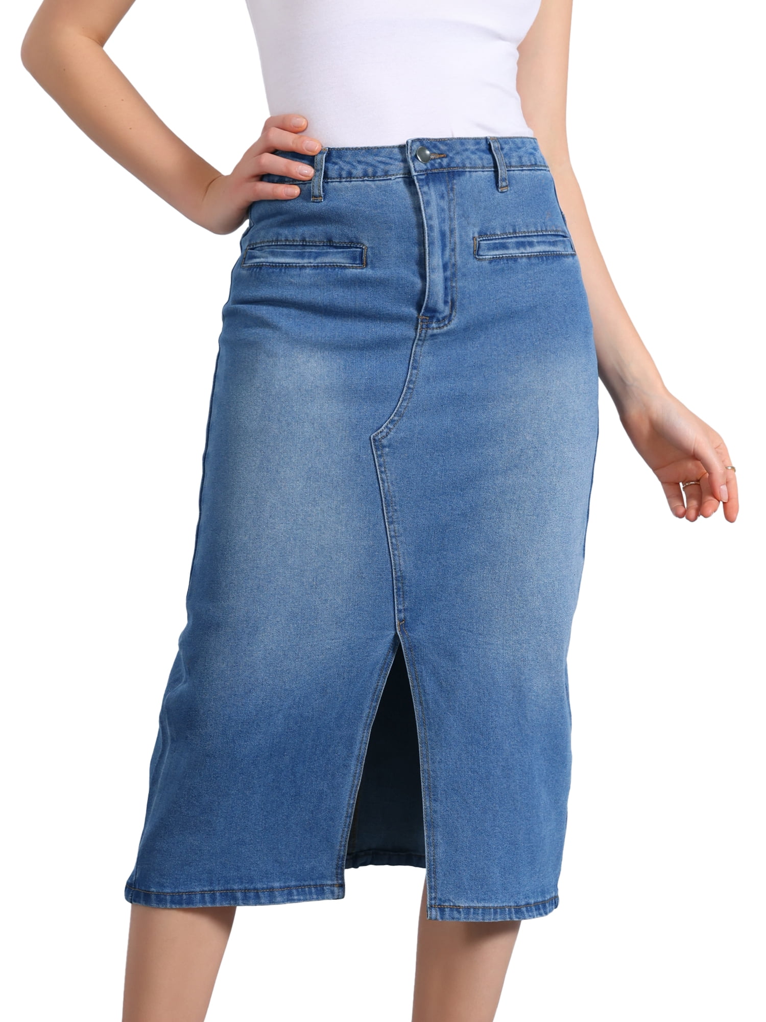 DARING DIVA Women's Slit Front Washed Jean Midi Skirts with Pockets M Blue