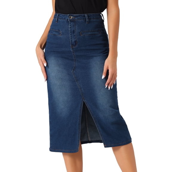 DARING DIVA Women's Slit Front Washed Jean Midi Skirts with Pockets M Dark Blue