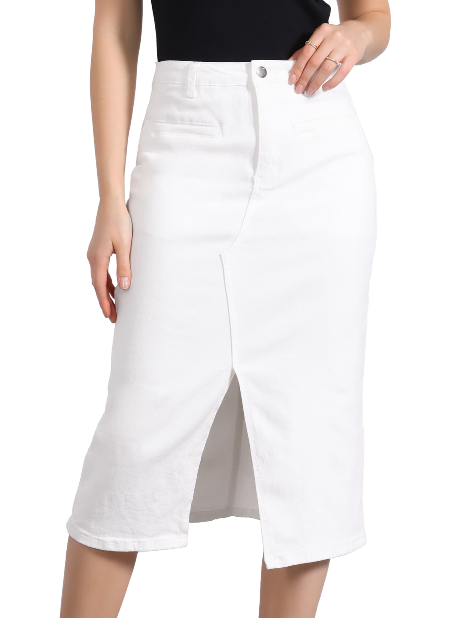 DARING DIVA Women's Slit Front Washed Jean Midi Skirts with Pockets M White