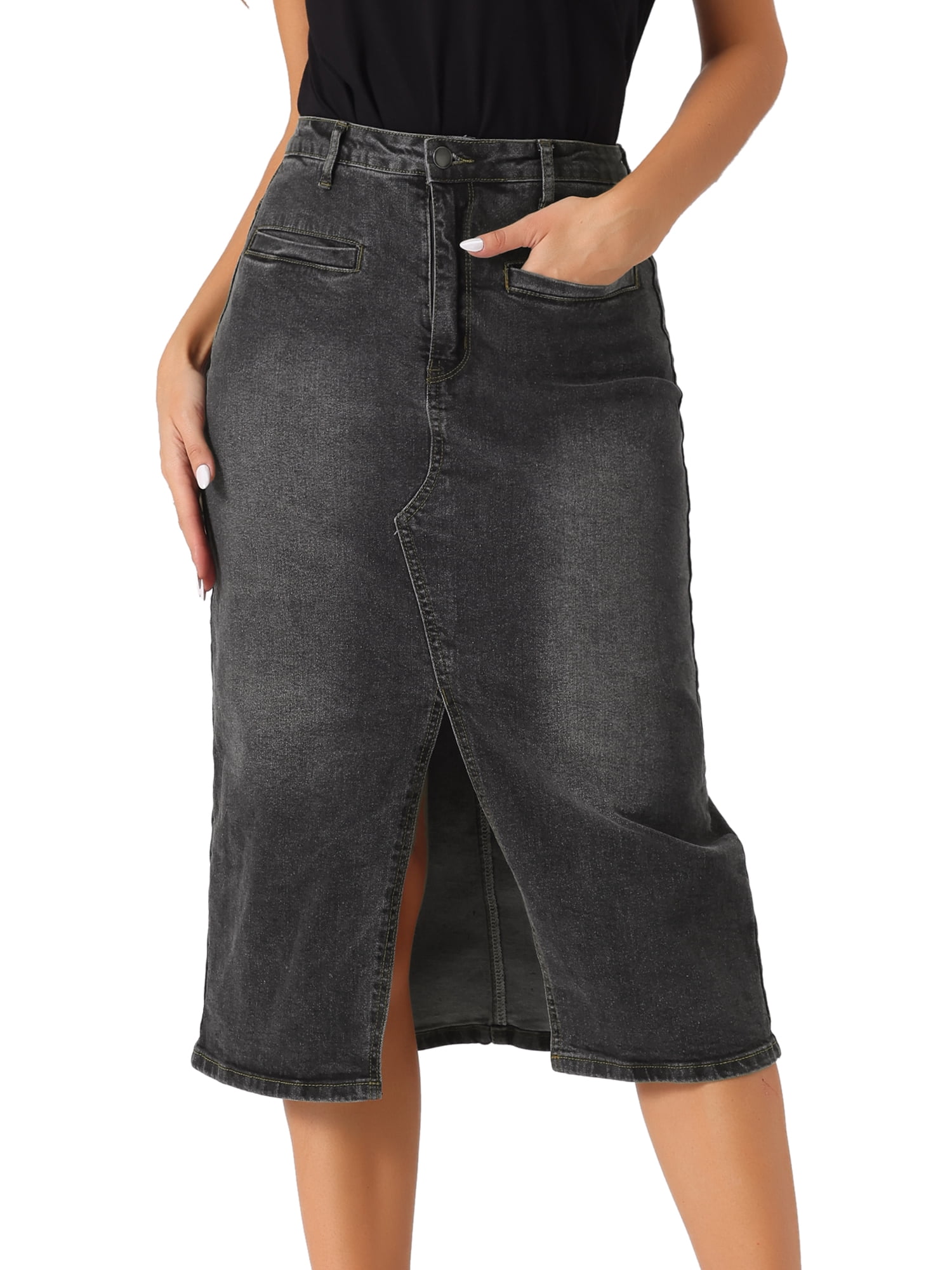 DARING DIVA Women's Slit Front Washed Jean Midi Skirts with Pockets S Dark Gray