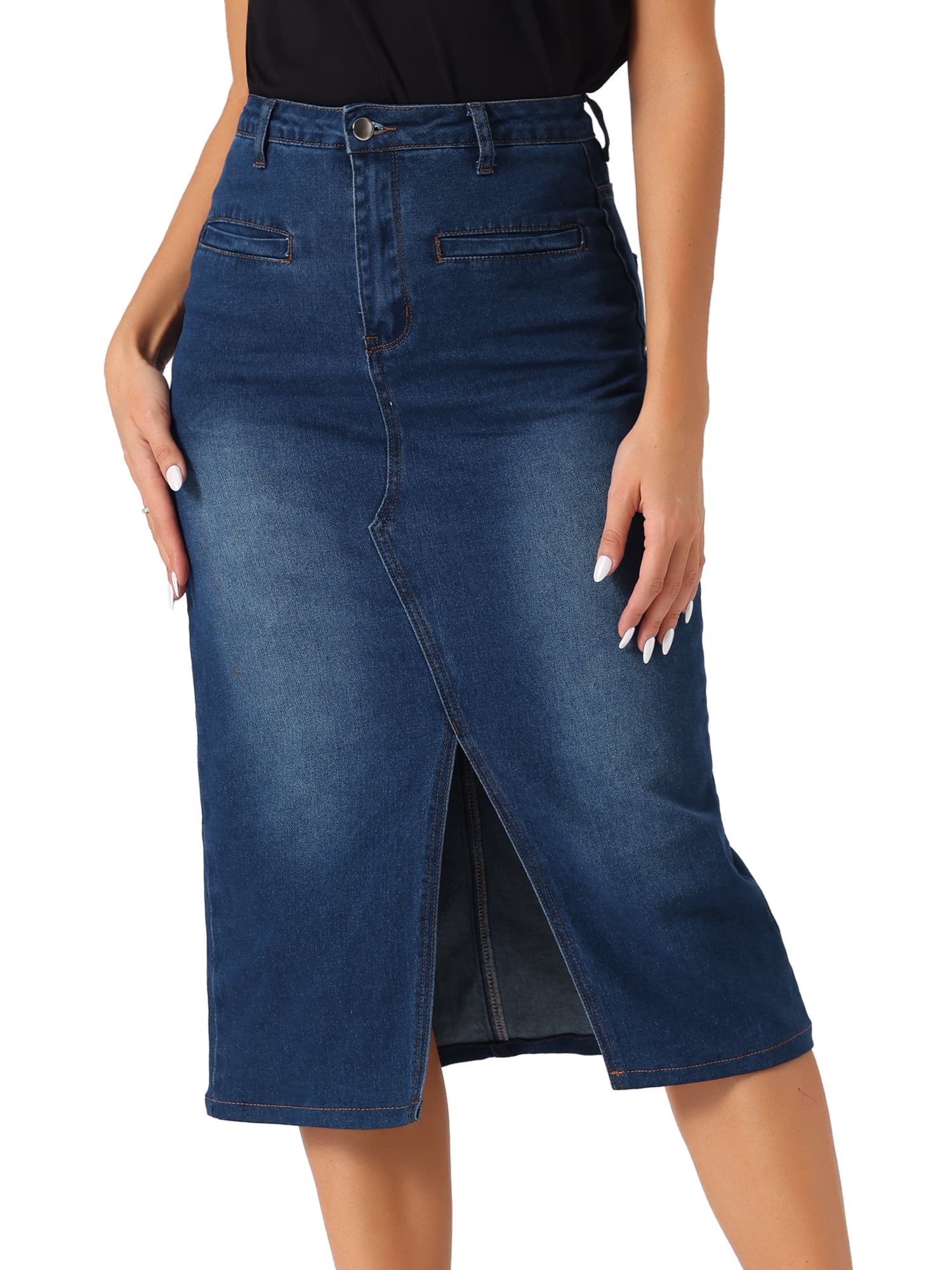 DARING DIVA Women's Slit Front Washed Jean Midi Skirts with Pockets XL Dark Blue