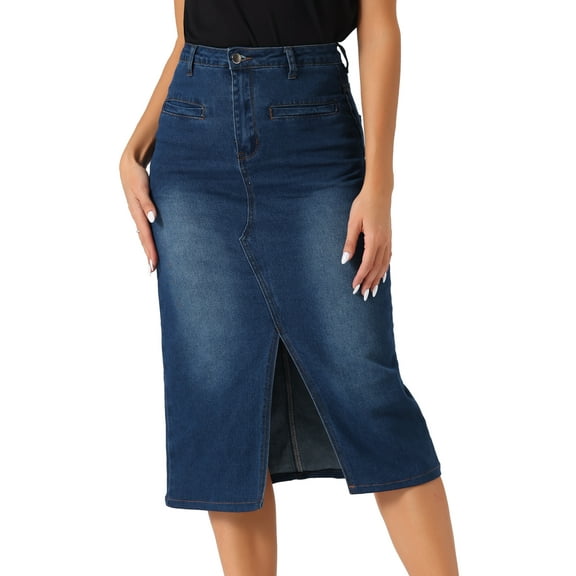 DARING DIVA Women's Slit Front Washed Jean Midi Skirts with Pockets XL Dark Blue