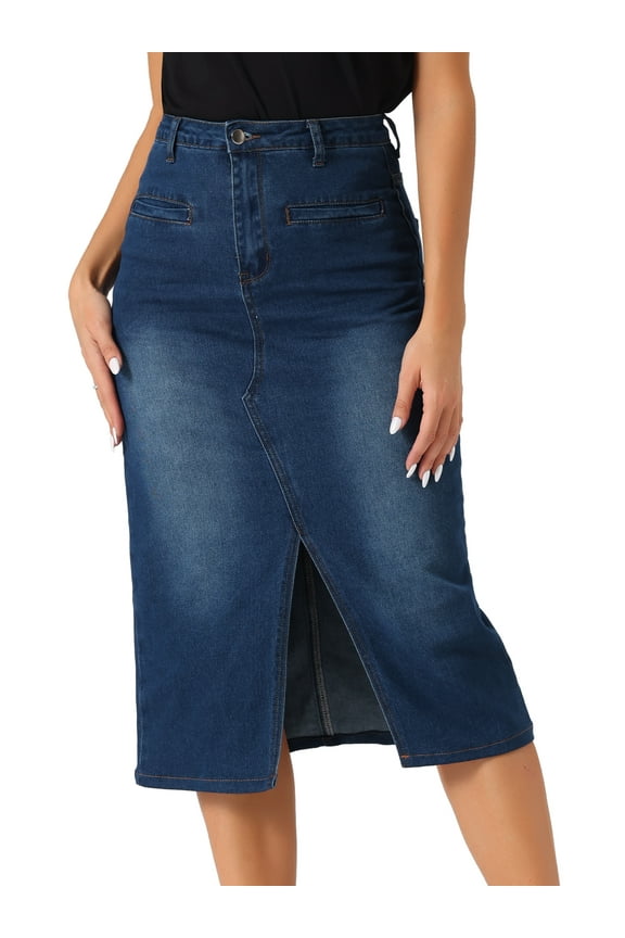 Women's Slit Front Washed Jean Midi Skirts with Pockets XL Dark Blue