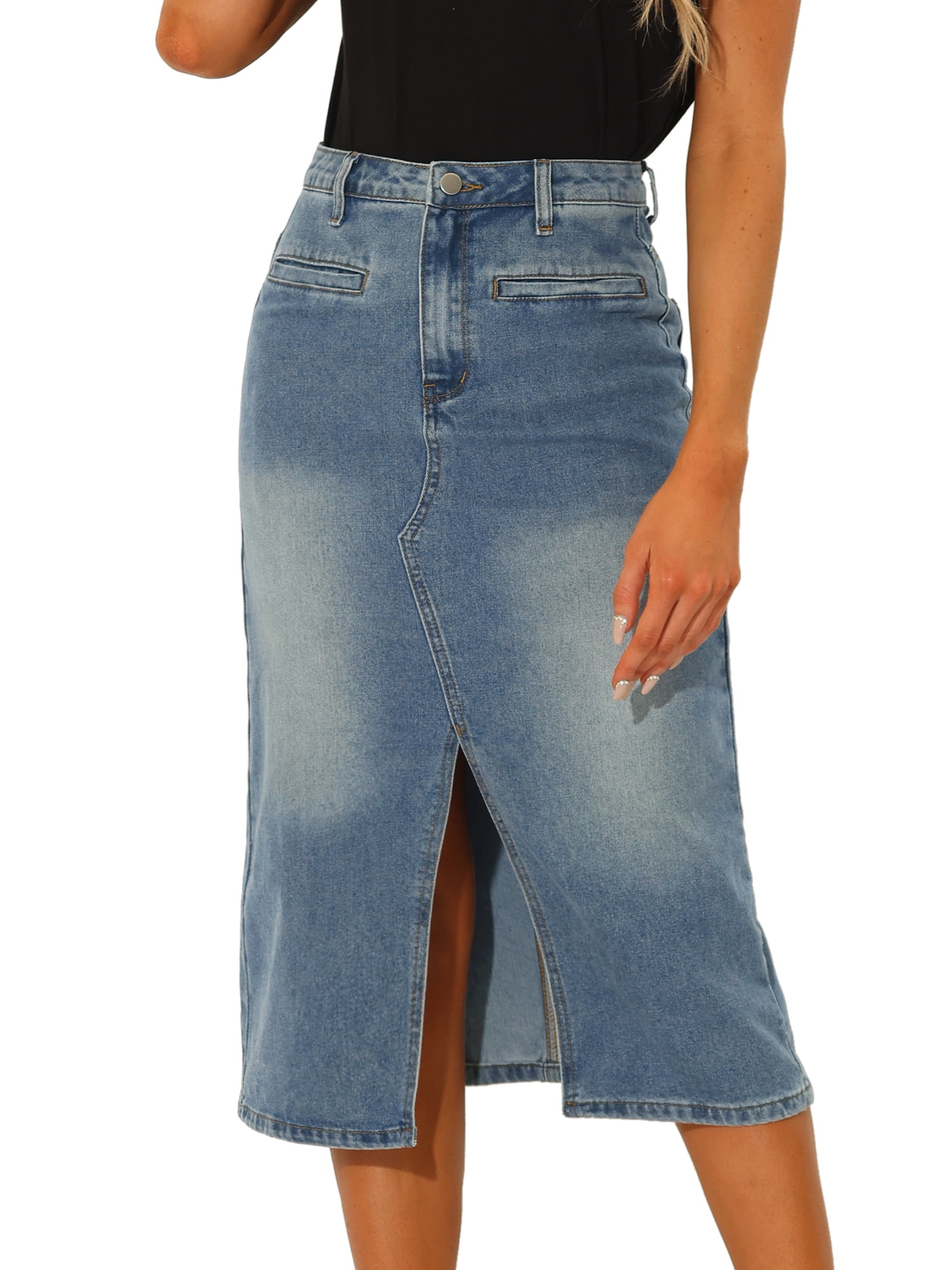 DARING DIVA Women's Slit Front Washed Jean Midi Skirts with Pockets XL Grey Blue