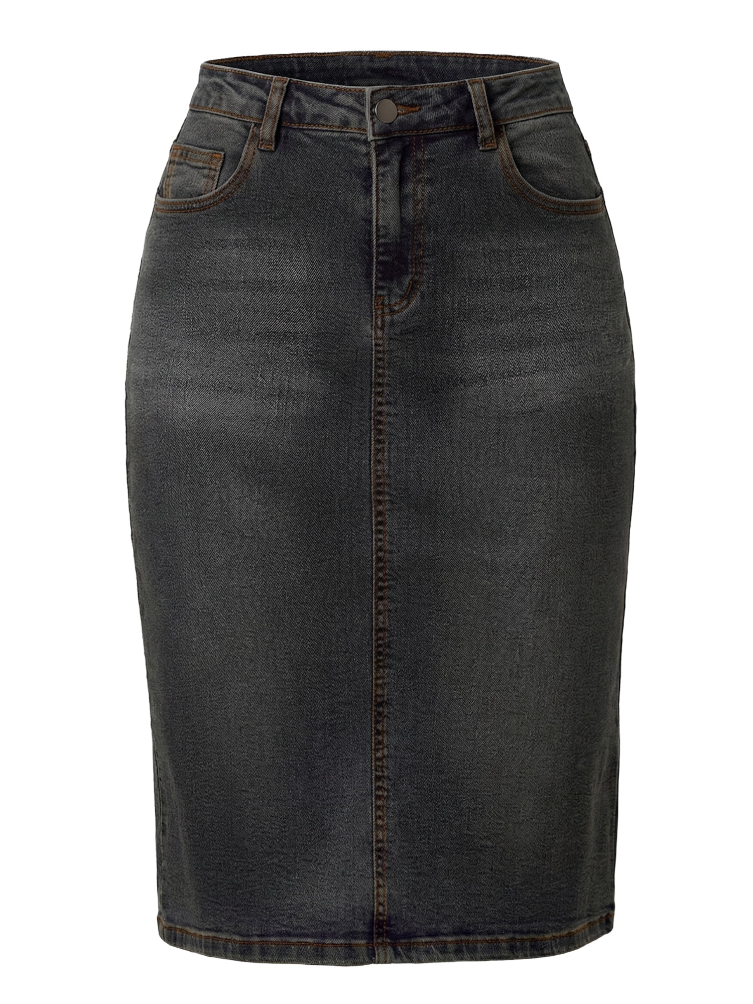 DARING DIVA Women's Jean Back Slit Stretch Below Knee Length Denim Skirts L Black