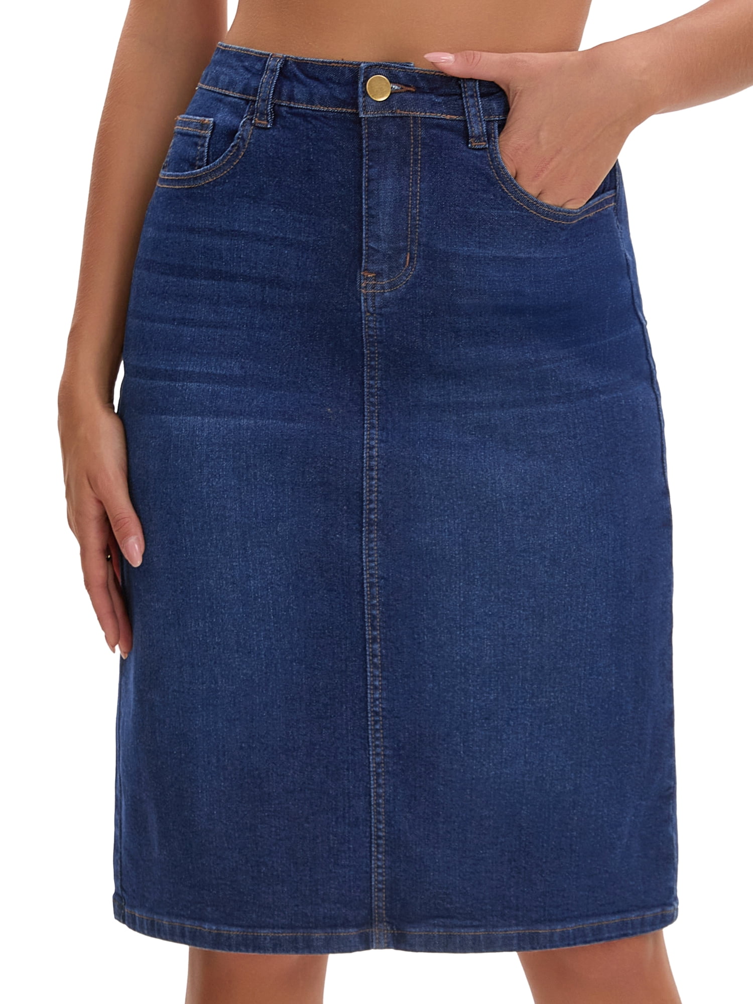 DARING DIVA Women's Jean Back Slit Stretch Below Knee Length Denim Skirts M Dark Blue