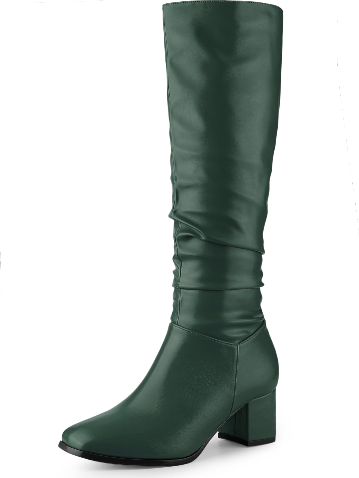 DARING DIVA Women's Slouch Square Toe Chunky Heels Knee High Boots Dark Green 9.5