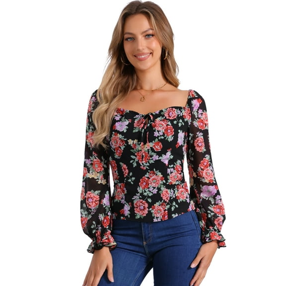 DARING DIVA Women's Smocked Back Puff Sleeve Elegant Floral Blouses L Black