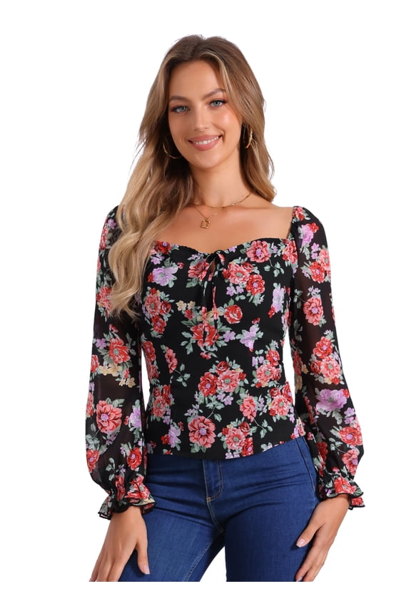 Women's Smocked Back Puff Sleeve Elegant Floral Blouses L Black