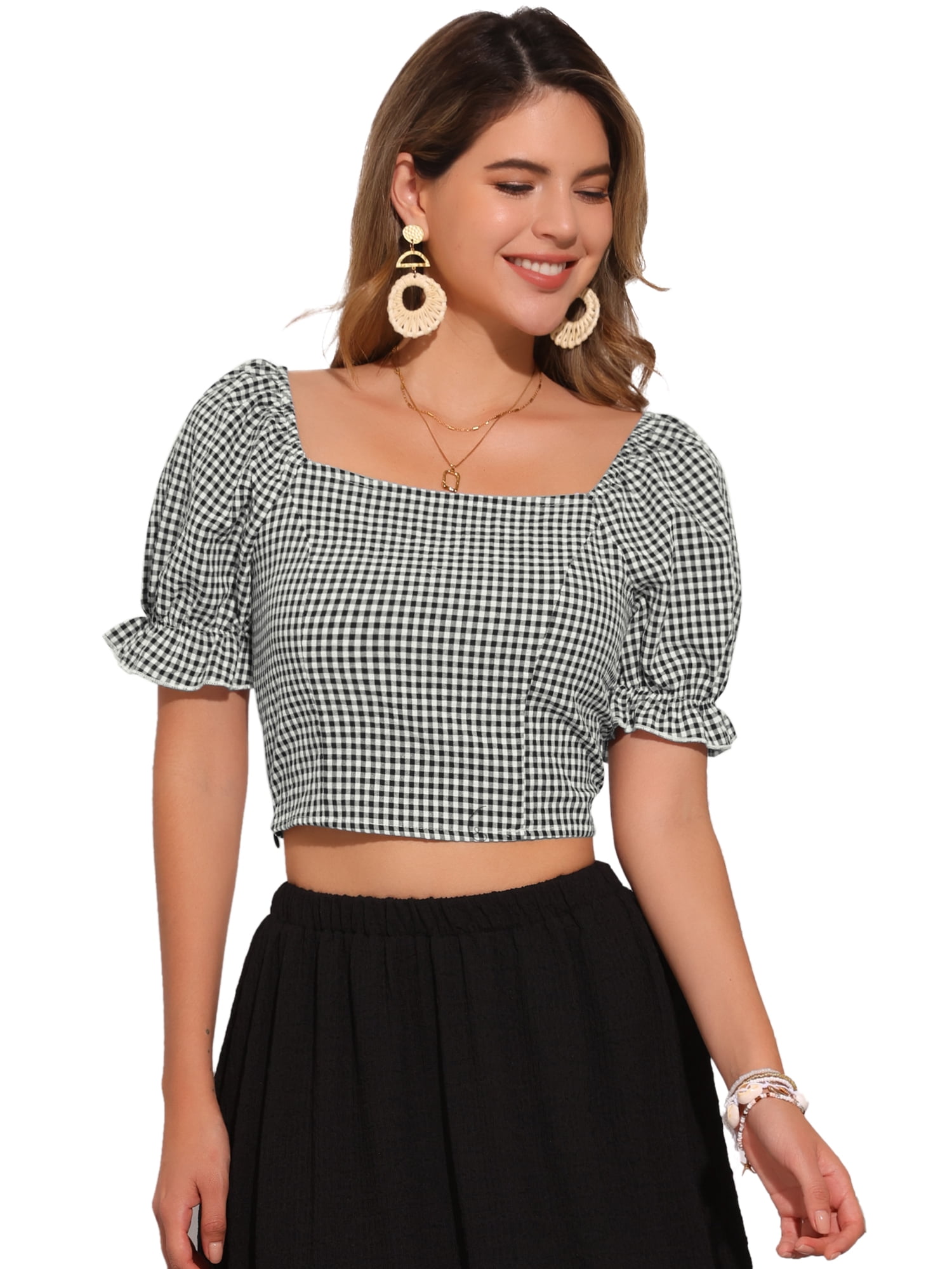 DARING DIVA Women's Smocked Crop Bubble Sleeve Peasant Gingham Tops L Black White