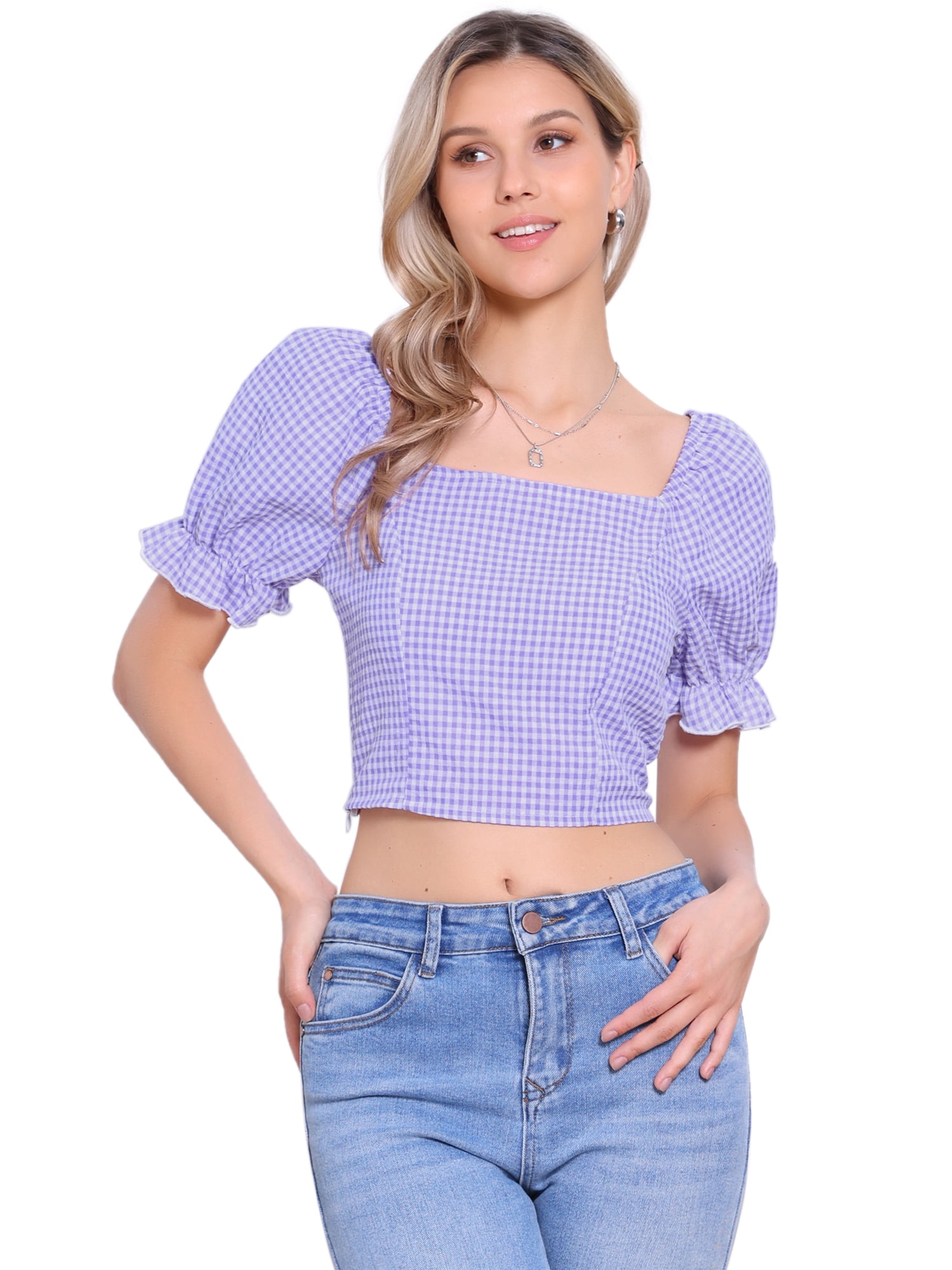 DARING DIVA Women's Smocked Crop Bubble Sleeve Peasant Gingham Tops M Light Purple