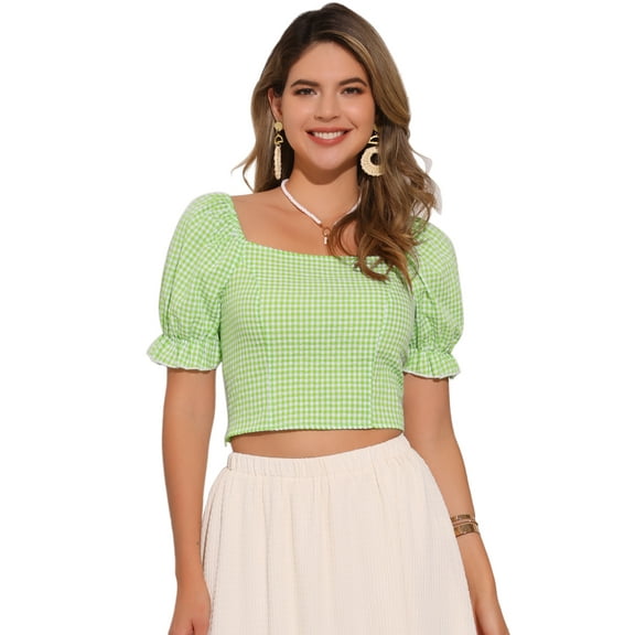 DARING DIVA Women's Smocked Crop Gingham Blouse Top L Green