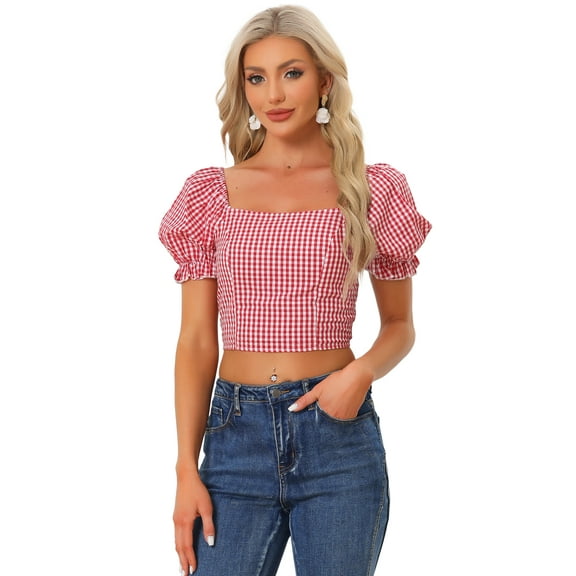 DARING DIVA Women's Smocked Crop Gingham Blouse Top L Red