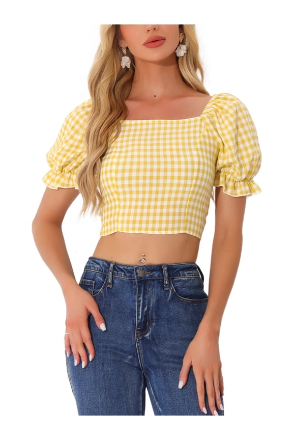 Women's Smocked Crop Gingham Blouse Top L Yellow