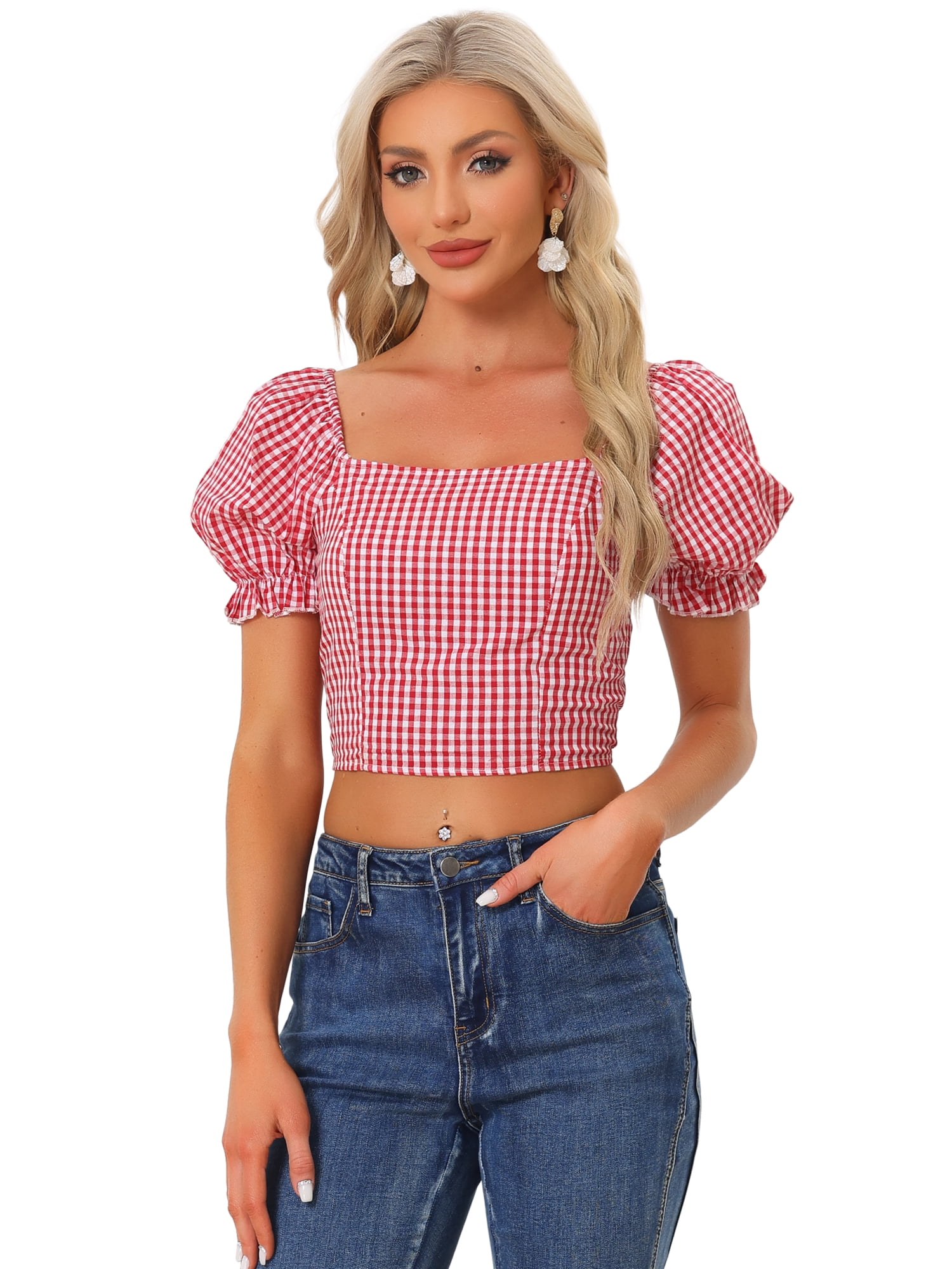 DARING DIVA Women's Smocked Crop Gingham Blouse Top XL Red