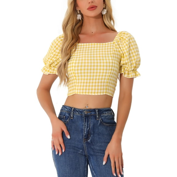 DARING DIVA Women's Smocked Crop Gingham Blouse Top XL Yellow