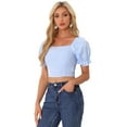 thumbnail image 1 of DARING DIVA Women's Smocked Crop Gingham Blouse Top XS Light Blue, 1 of 6