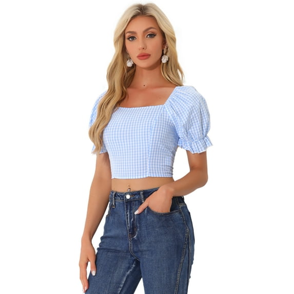 DARING DIVA Women's Smocked Crop Gingham Blouse Top XS Light Blue