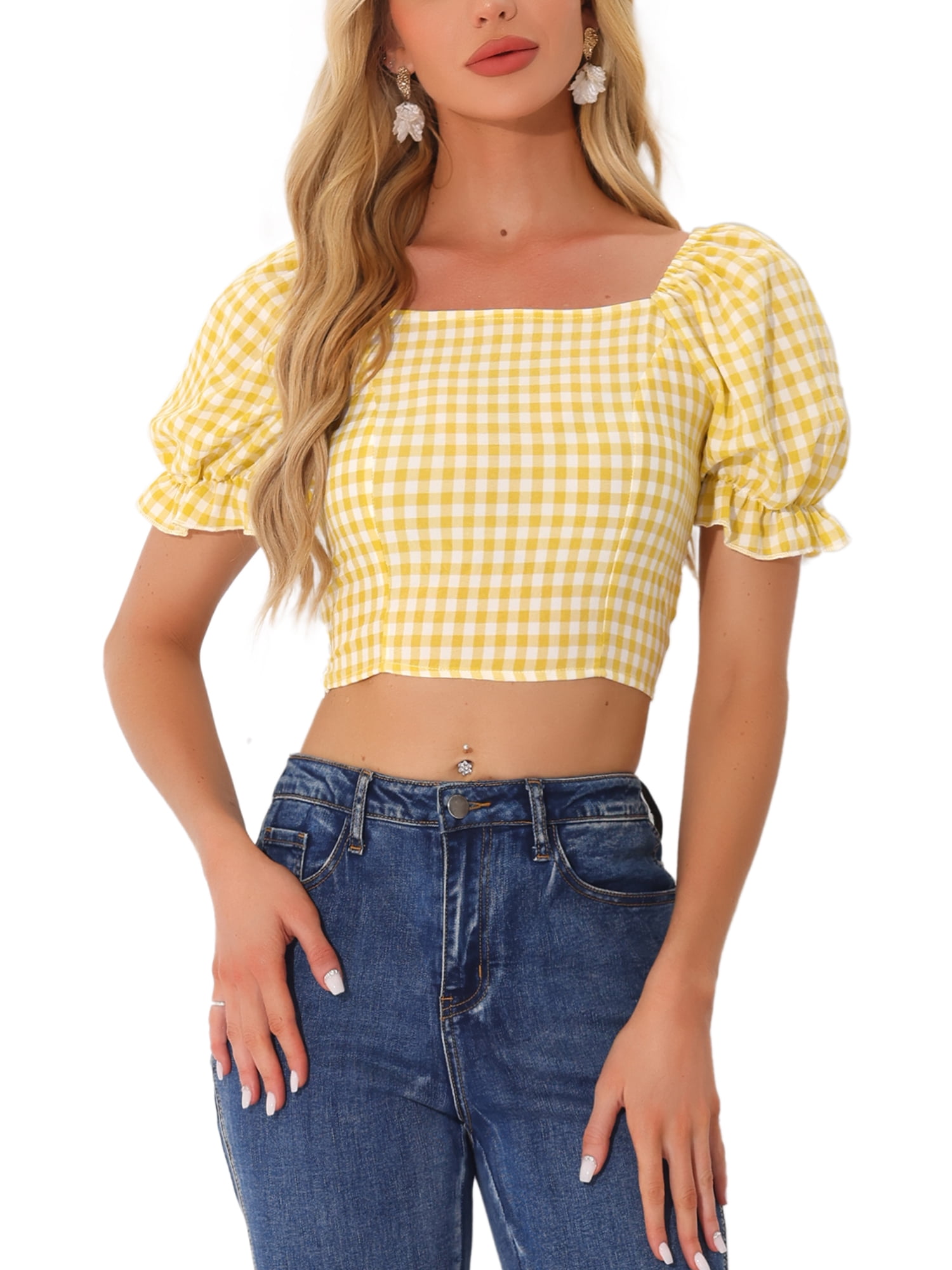 DARING DIVA Women's Smocked Crop Gingham Blouse Top XS Yellow