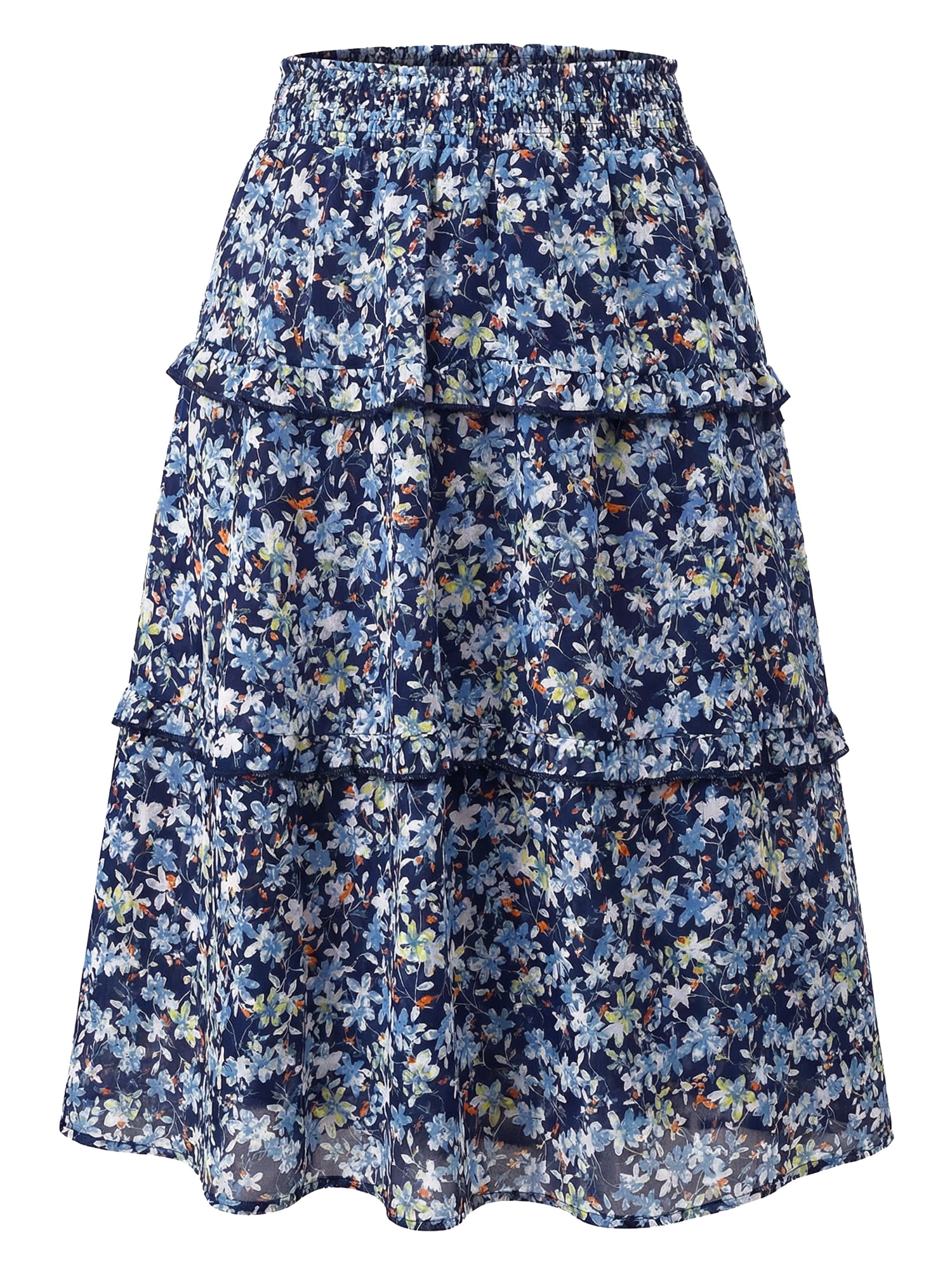 DARING DIVA Women's Smocked Elastic Waist A-Line Floral Chiffon Skirt S Navy