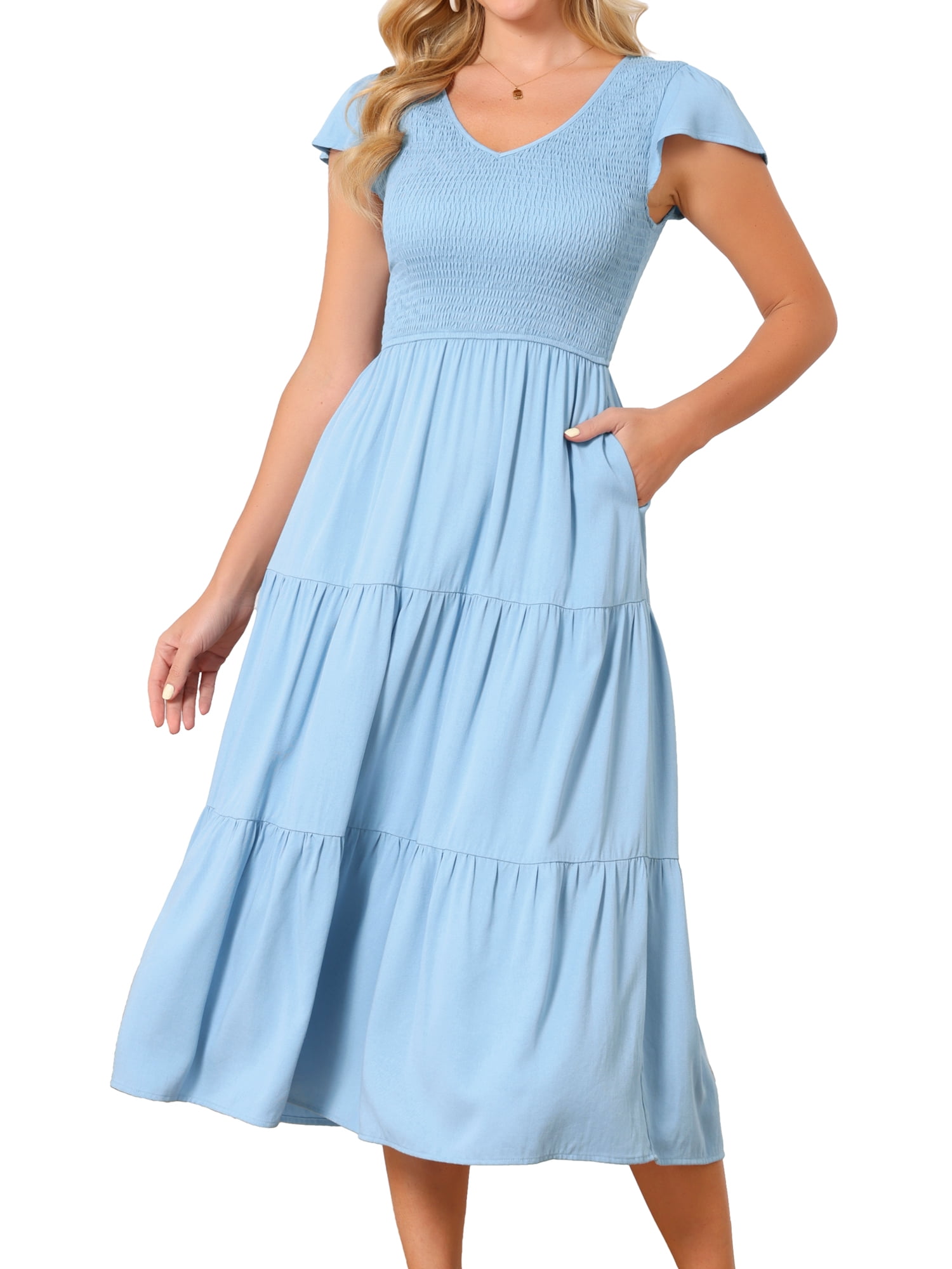 DARING DIVA Women's Smocked Flutter Sleeve V Neck Midi Dresses L Light Blue