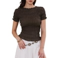 thumbnail image 1 of DARING DIVA Women's Smocked Plaid Short Sleeve Crew Neck Ruffle Tops Shirt L Deep Brown, 1 of 6