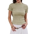 thumbnail image 1 of DARING DIVA Women's Smocked Plaid Short Sleeve Crew Neck Ruffle Tops Shirt S Gray Green, 1 of 6