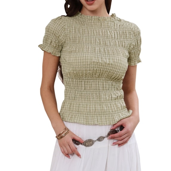 DARING DIVA Women's Smocked Plaid Short Sleeve Crew Neck Ruffle Tops Shirt S Gray Green