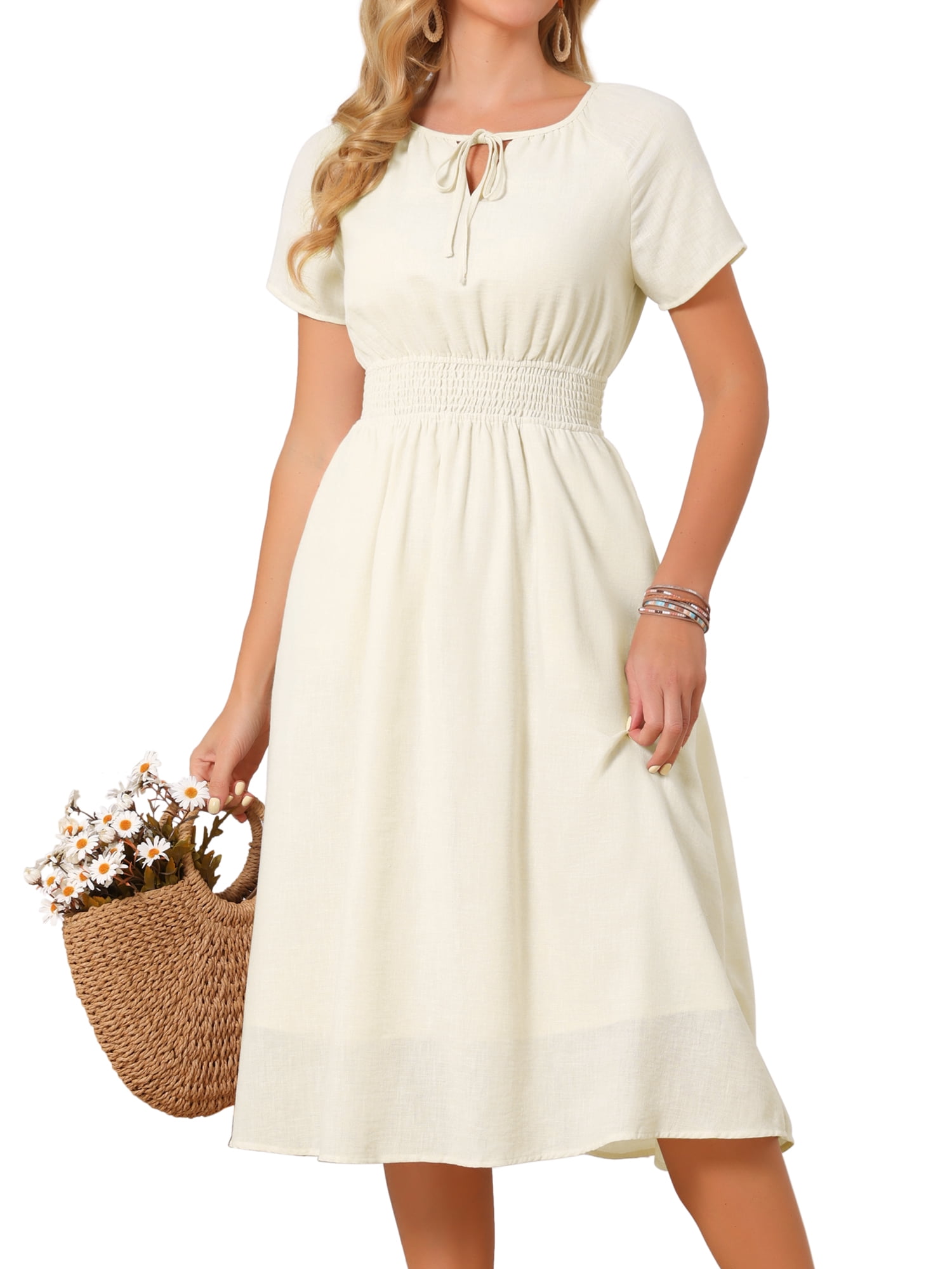 DARING DIVA Women's Smocked Tie V Neck Short Sleeve Flowy Midi Dress M Apricot