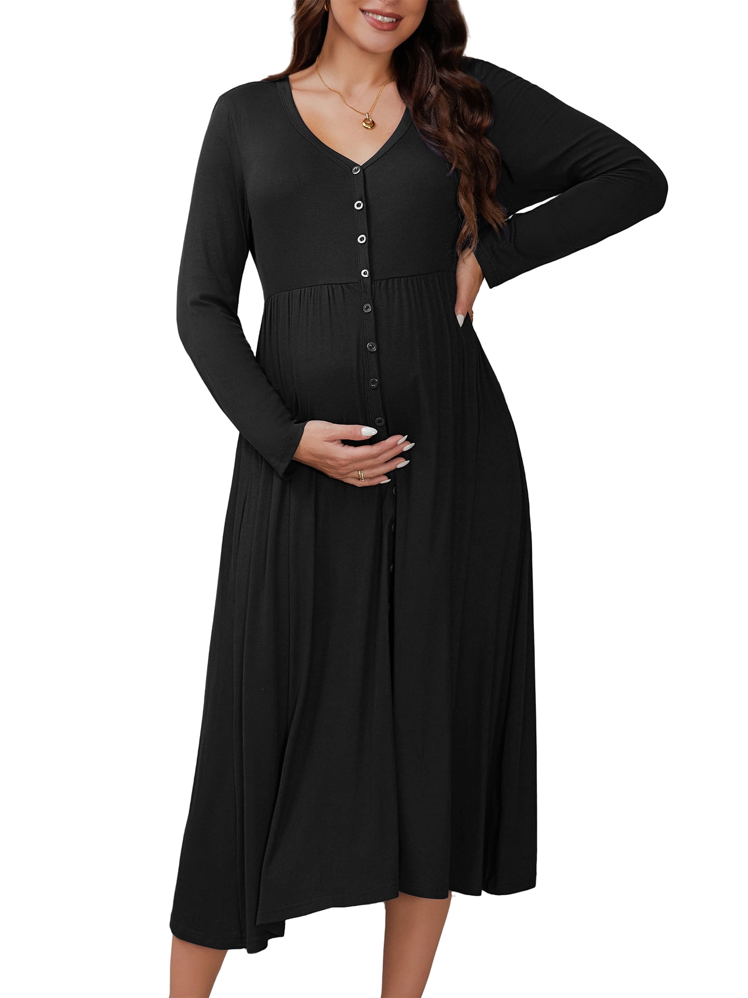 DARING DIVA Women's Soft A-line Maternity Dresses Long Sleeve Maxi Dress 2XL Black
