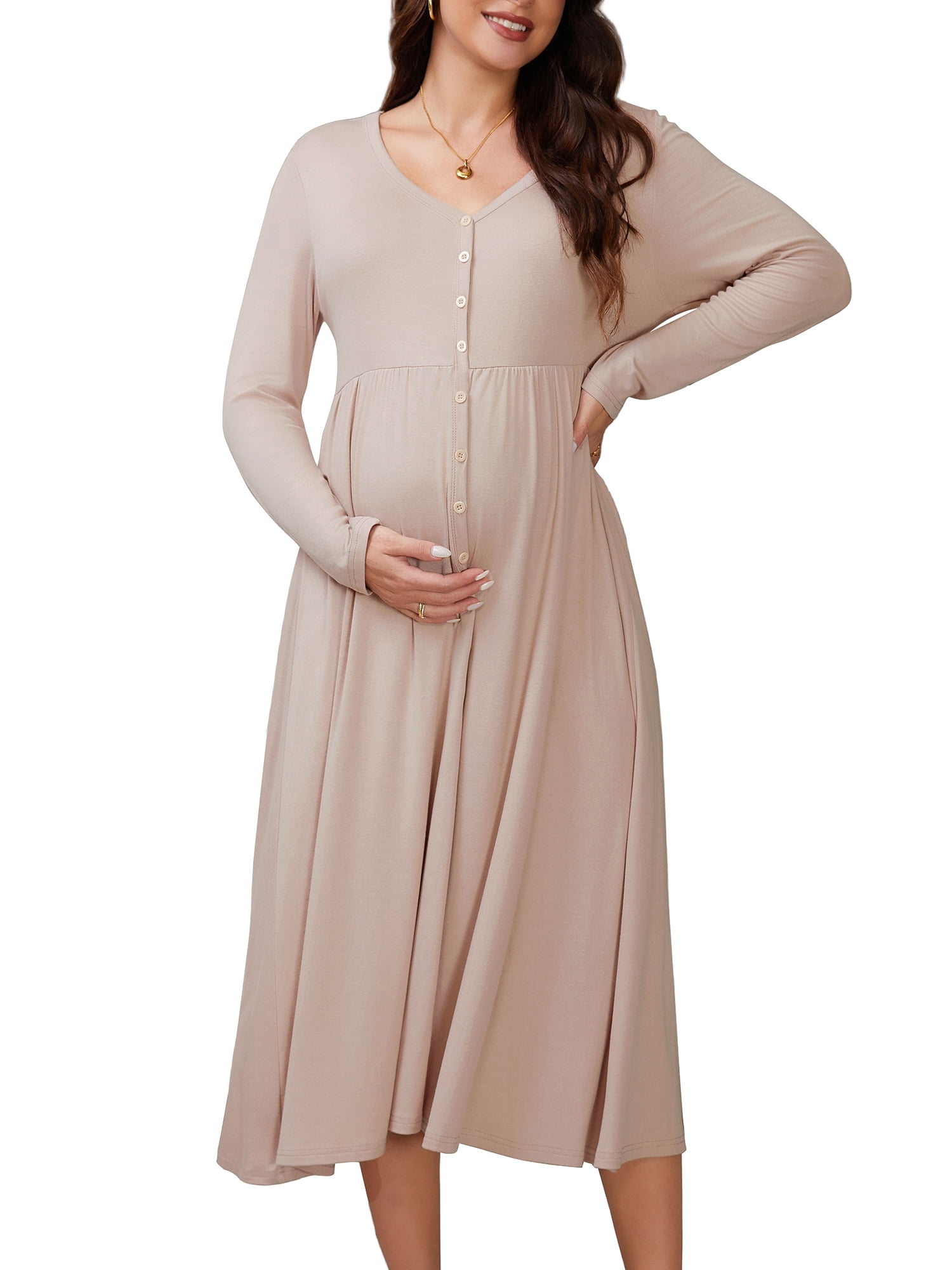 DARING DIVA Women's Soft A-line Maternity Dresses Long Sleeve Maxi Dress 2XL Khaki