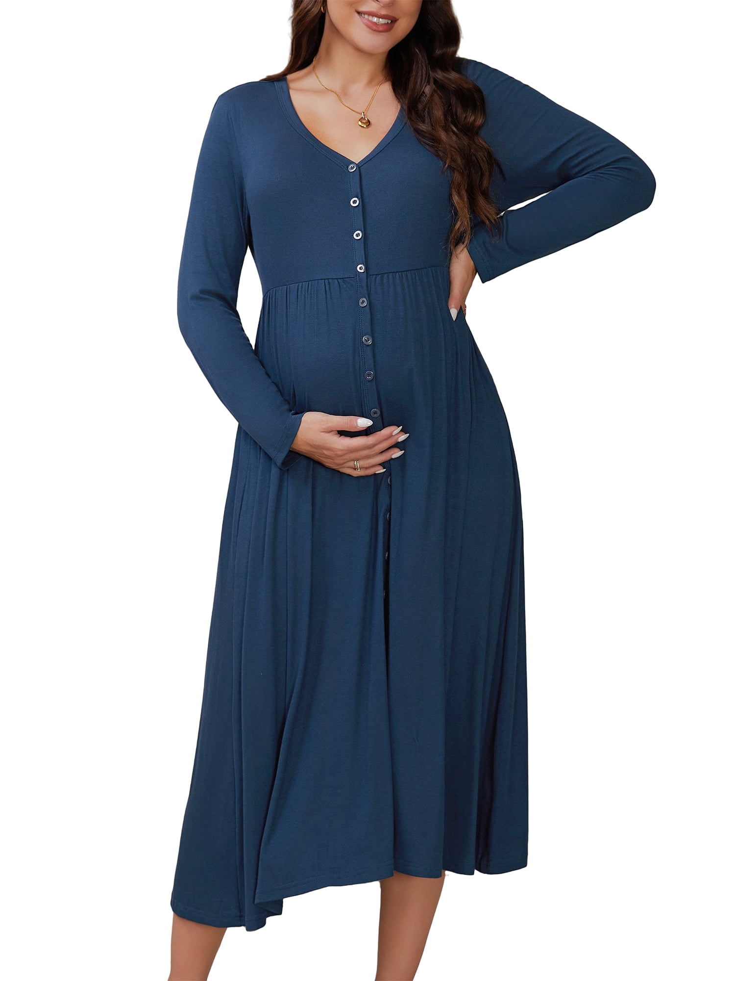 DARING DIVA Women's Soft A-line Maternity Dresses Long Sleeve Maxi Dress XL Blue