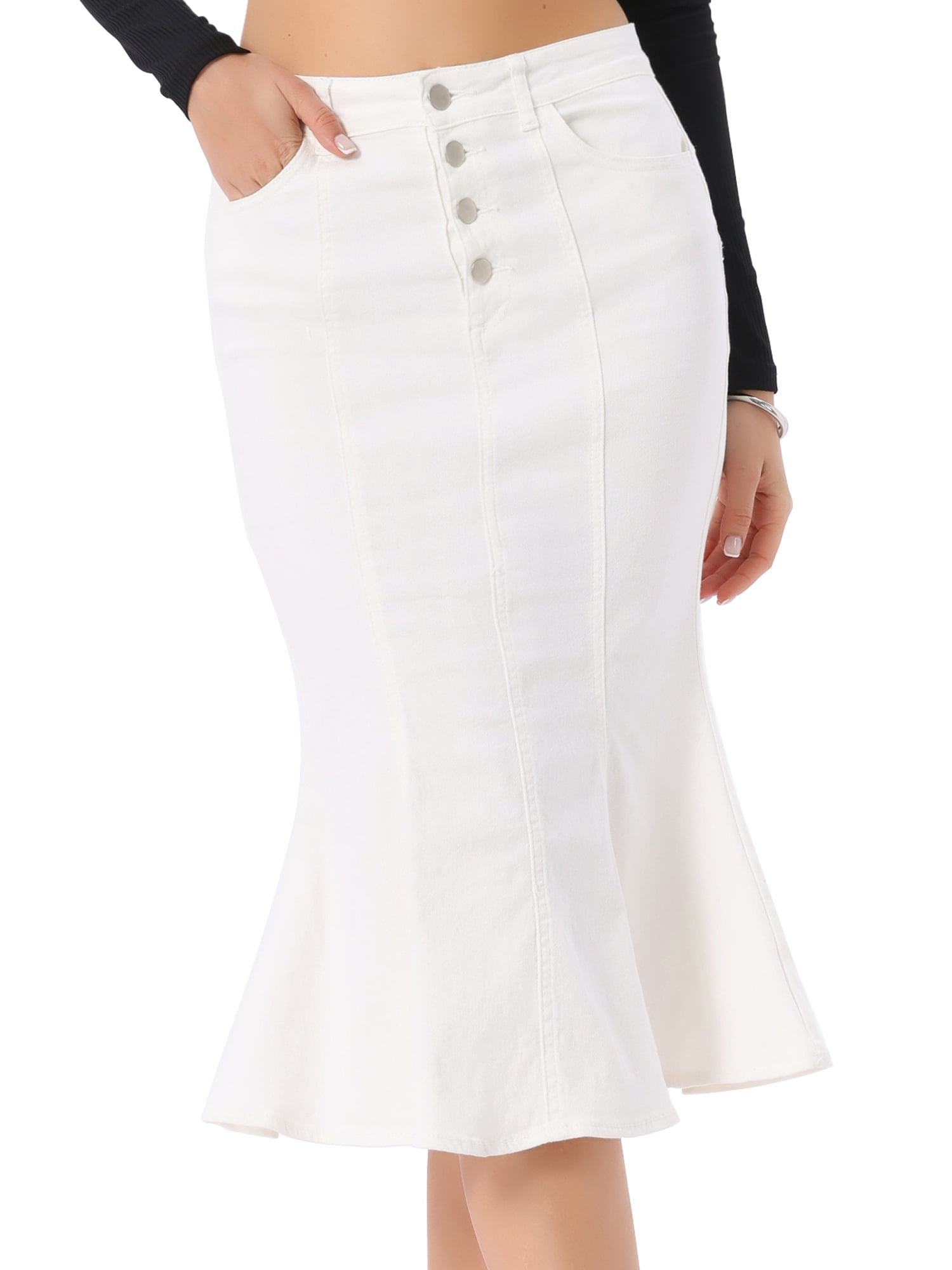 DARING DIVA Women's Soft Elegant Washed Fishtail Casual Midi Denim Skirt L White