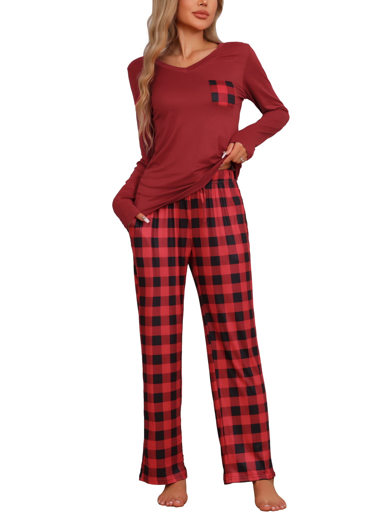 DARING DIVA Women's  Long Sleeve Plaid Soft Fall Pajama Set with Pockets S Red