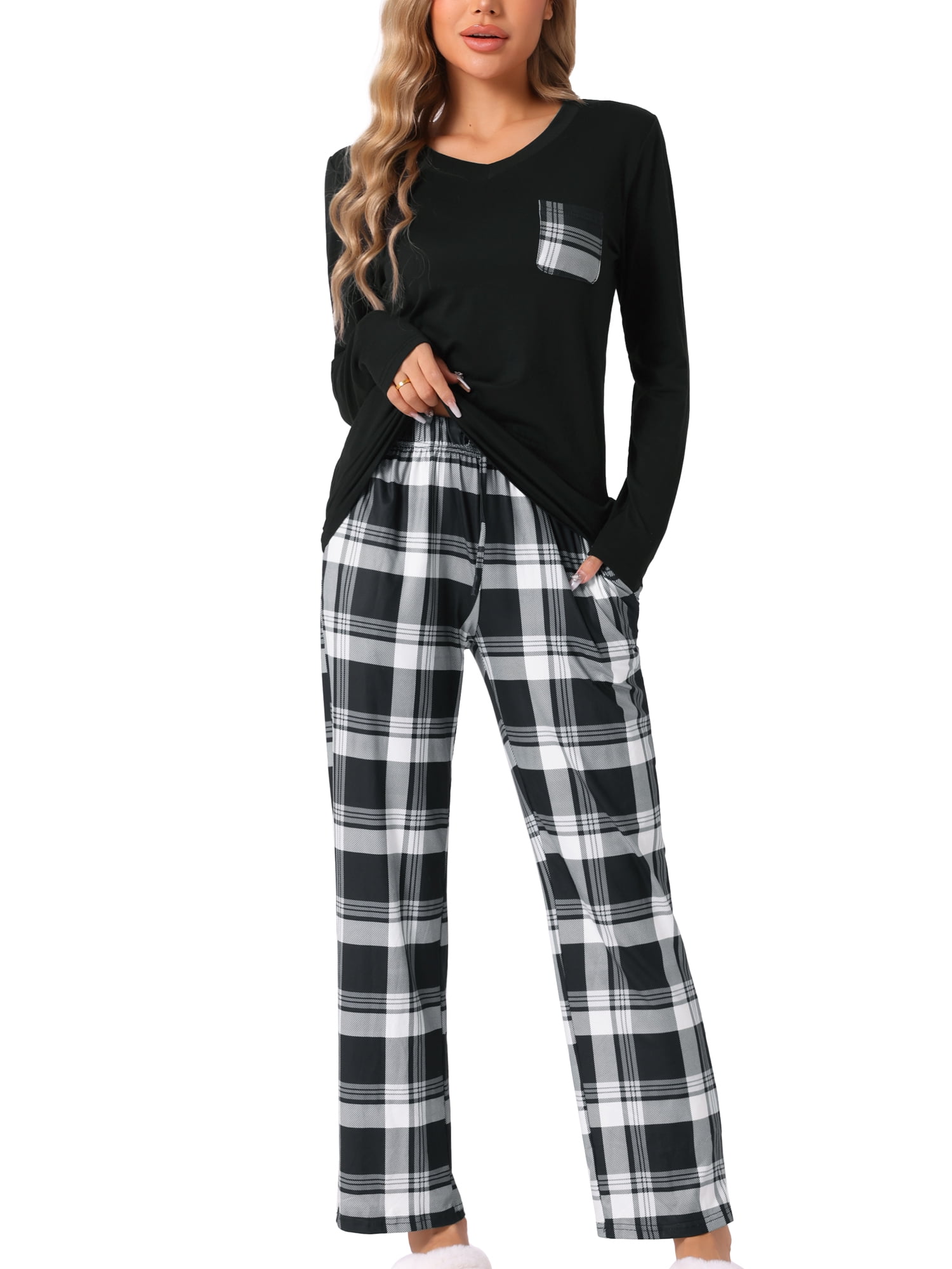 DARING DIVA Women's  Long Sleeve Plaid Soft Fall Pajama Set with Pockets XS Black
