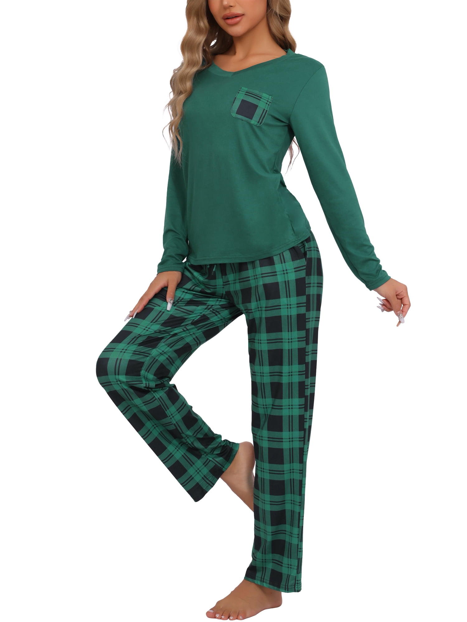 DARING DIVA Women's  Long Sleeve Plaid Soft Fall Pajama Set with Pockets XS Green