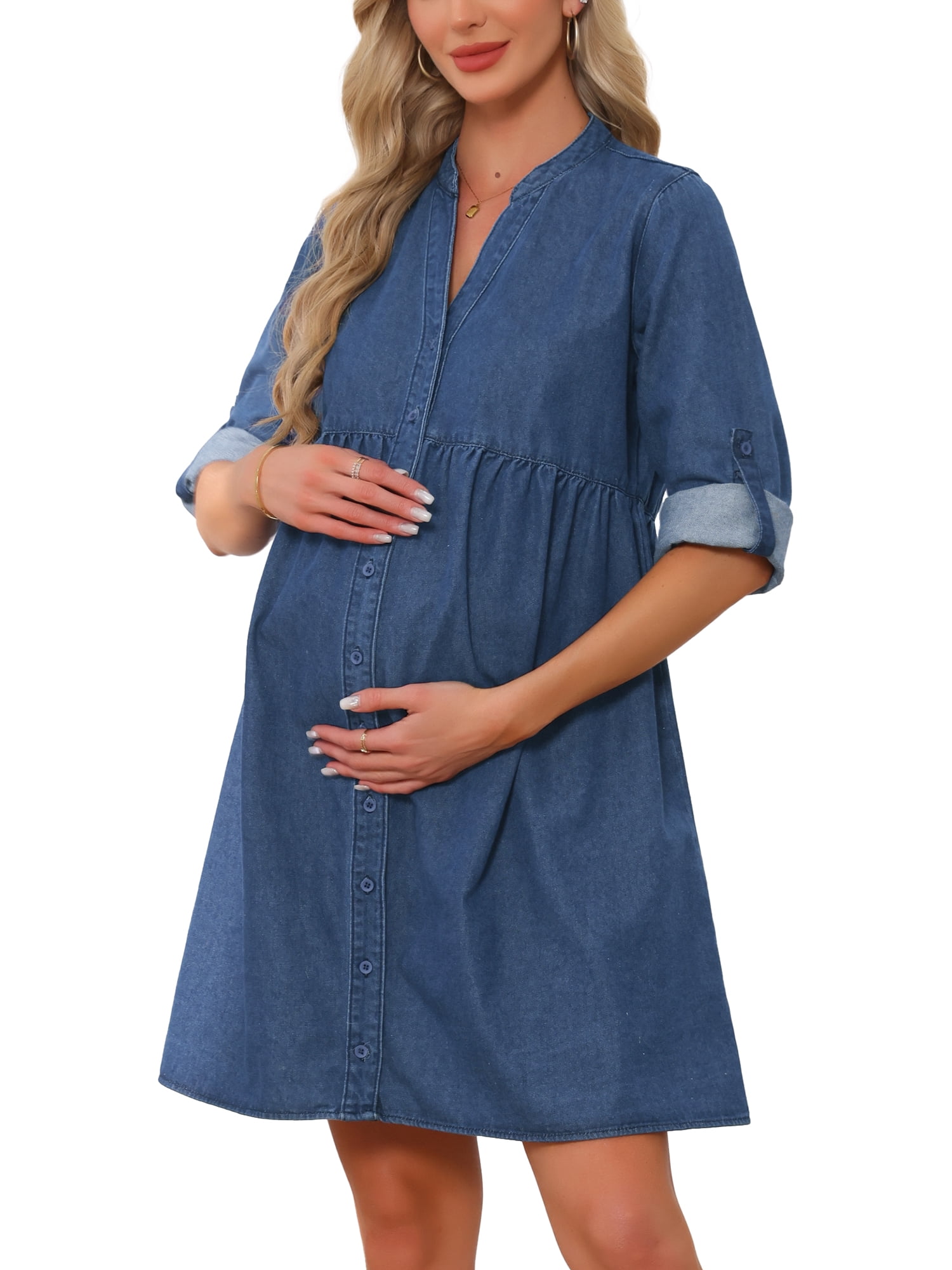 DARING DIVA Women's Soft Maternity Denim Dress Long Sleeve Babydoll Nursing Dress S Blue