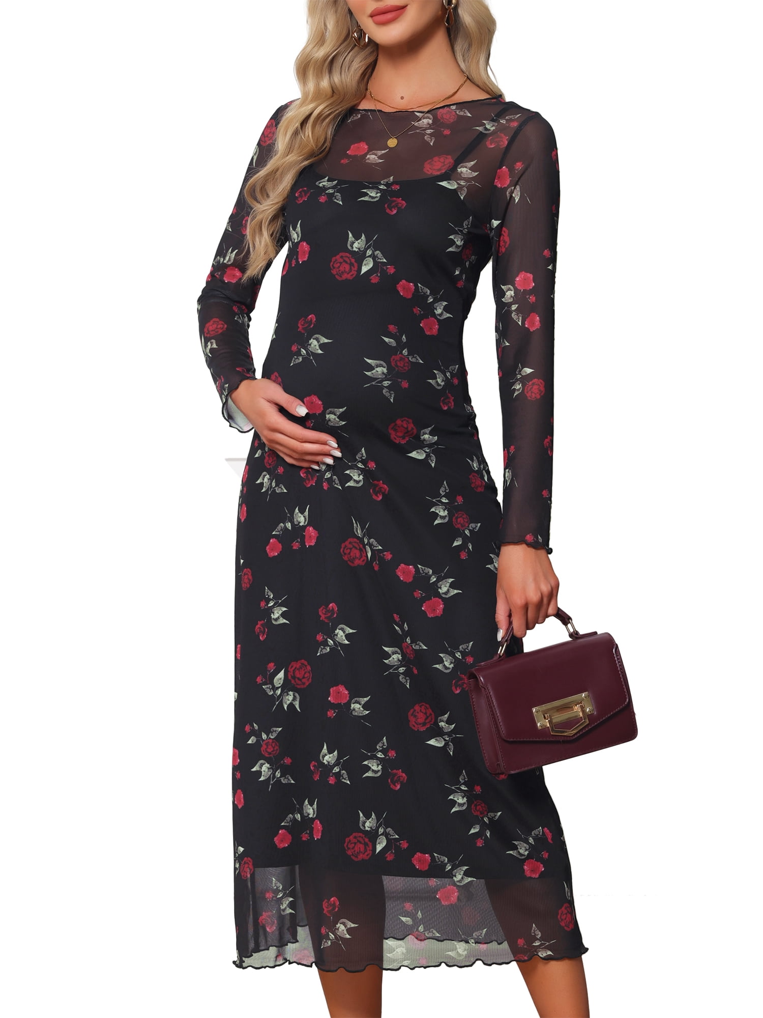 DARING DIVA Women's Soft Maternity Mesh Dress 2-Piece Bodycon Fall Wedding Party S Black