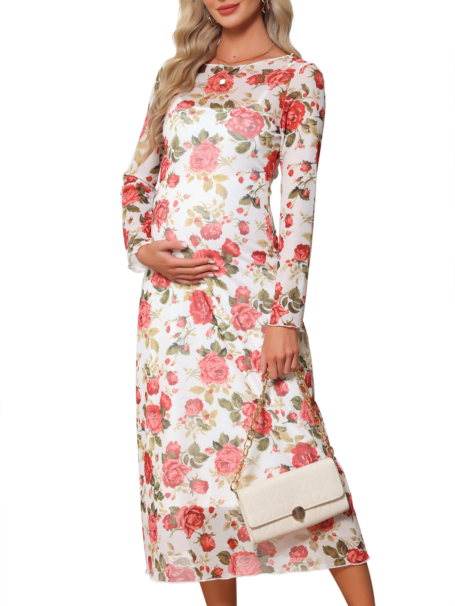 DARING DIVA Women's Soft Maternity Mesh Dress 2-Piece Bodycon Fall Wedding Party S White