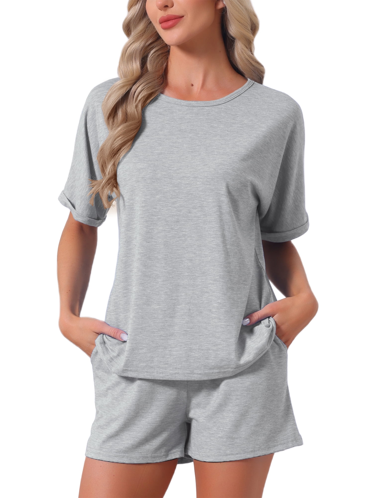 DARING DIVA Women's Soft Pajama Set Round Neck Rolled Cuffs Top with Shorts L Gray