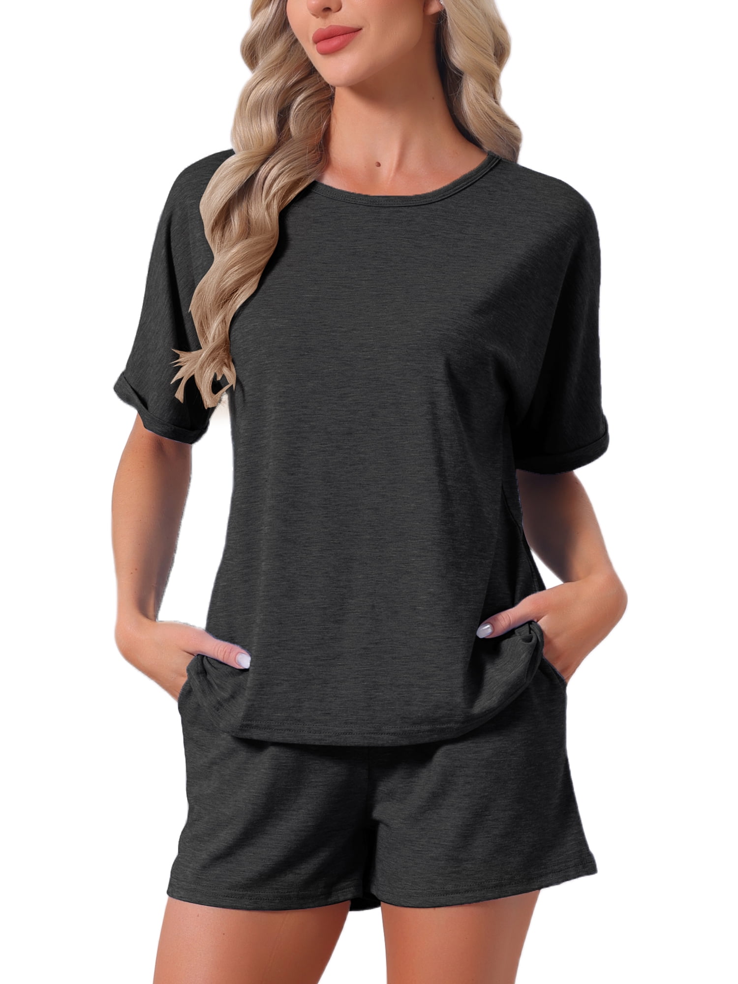 DARING DIVA Women's Soft Pajama Set Round Neck Rolled Cuffs Top with Shorts S Black