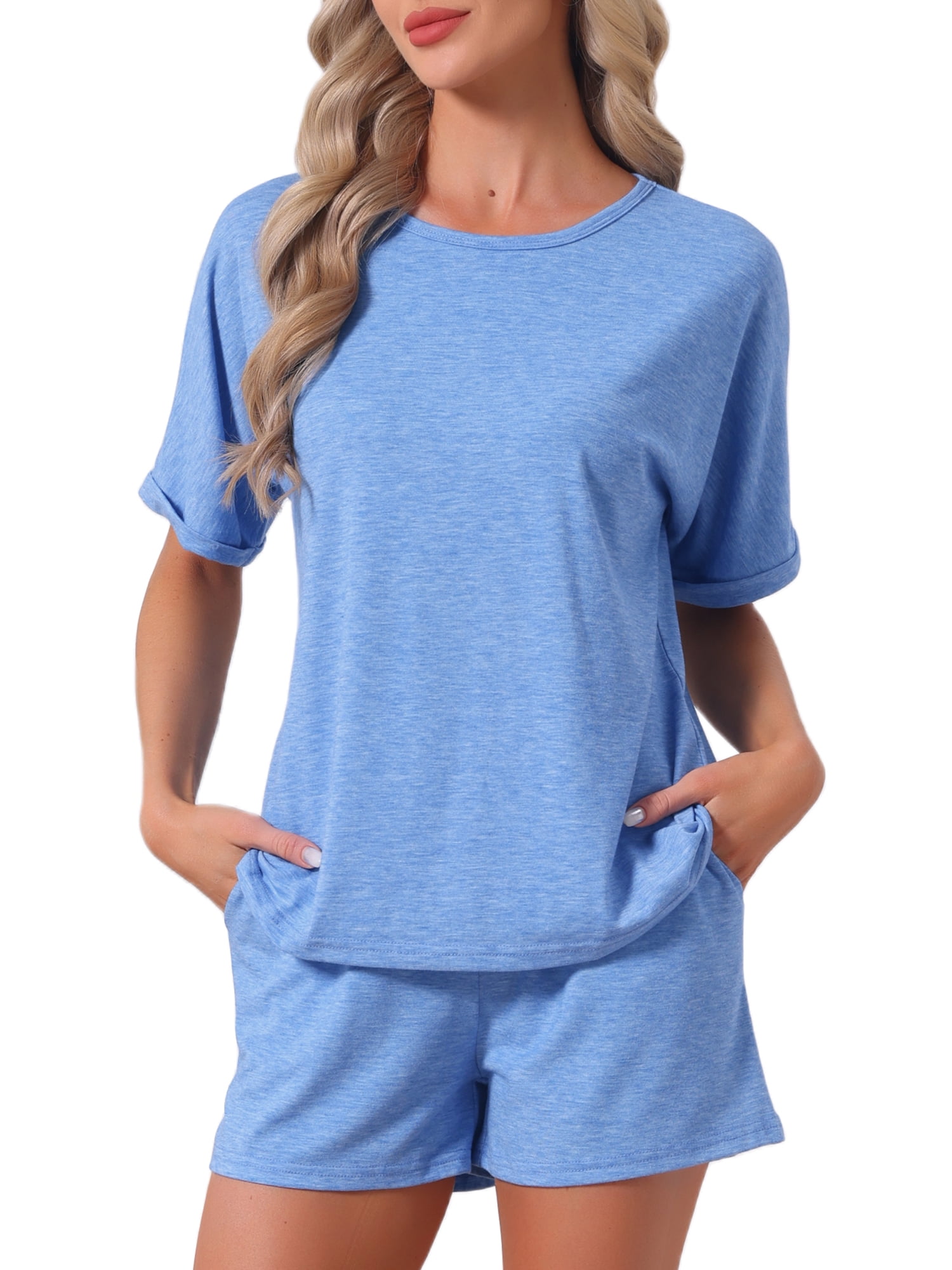 DARING DIVA Women's Soft Pajama Set Round Neck Rolled Cuffs Top with Shorts XL Blue