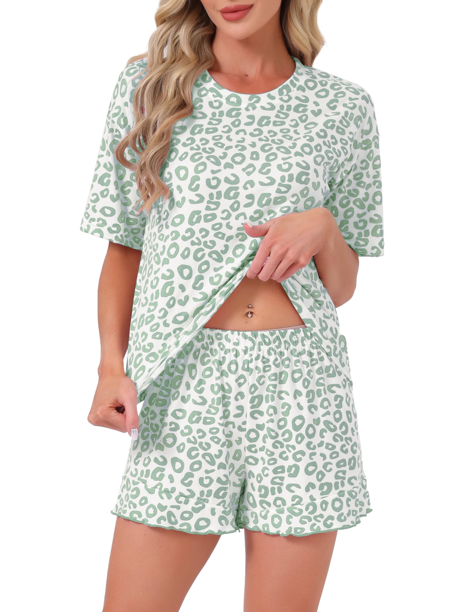 DARING DIVA Women's Soft Ruffle Loose Fit Round Neck Ruffled Hem Pajama Set L Green