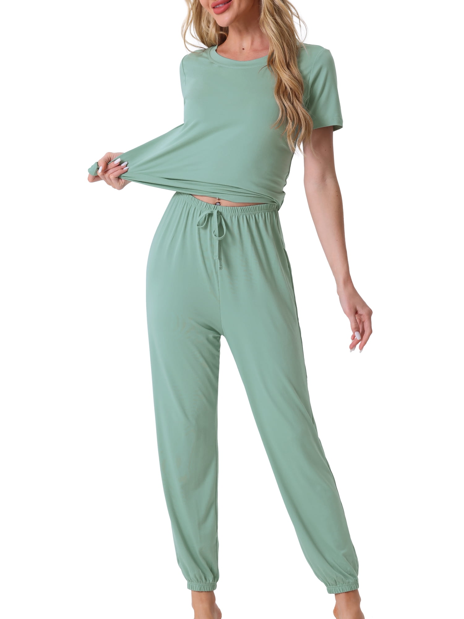 DARING DIVA Women's Soft Short Sleeve Shirt Long Pant Pajamas Sets M Green