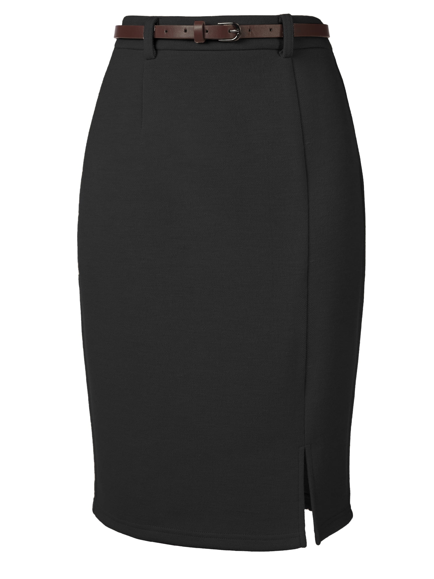 DARING DIVA Women's Soft  Stretchy Knee Length Bodycon  Skirt with Slit and Belt S Black